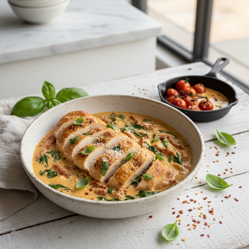 Feature image for yummy Keto & Low carb Creamy Tuscan Chicken Recipe