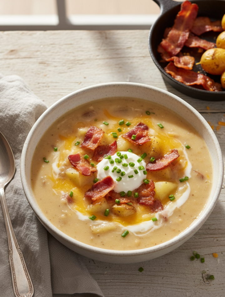 Feature image for yummy Keto & Low carb Loaded Baked Potato Soup Recipe