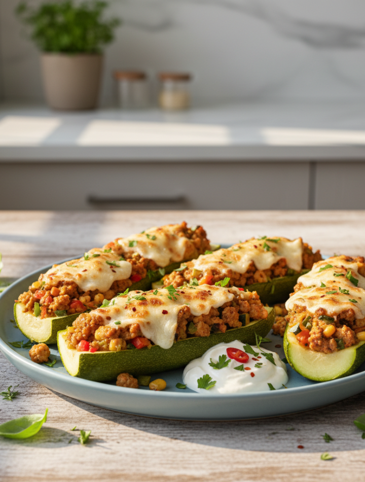 Feature image for yummy Keto & Low carb Turkey Zucchini Boats Recipe