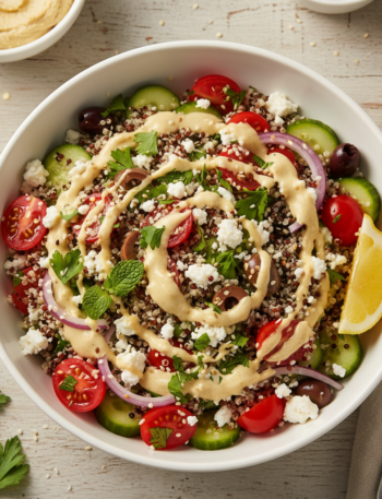 Feature image for yummy Keto & Low carb Mediterranean Quinoa Bowl Recipe