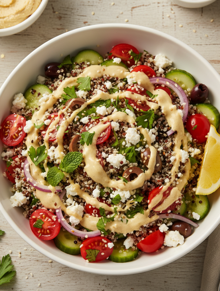 Feature image for yummy Keto & Low carb Mediterranean Quinoa Bowl Recipe